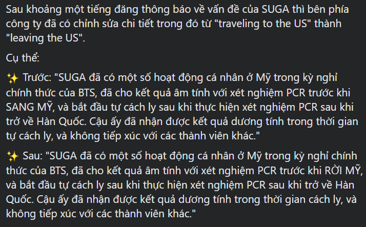 BTSVietnam_SAM's tweet photo. BIGHIT CHỈNH SỬA THÔNG BÁO SỨC KHOẺ CỦA SUGA 
SUGA đã nhận được kết quả âm tính khi thực hiện xét nghiệm PCR trước khi rời khỏi đất Mỹ và dương tính trong thời gian tự cách ly.
@BTS_twt #BTS #BTSARMY #GetWellSoonSUGA
©️ Min Yoongi - SUGA BTS Vietnamese Fanpage https://t.co/bRMwgYT9qT