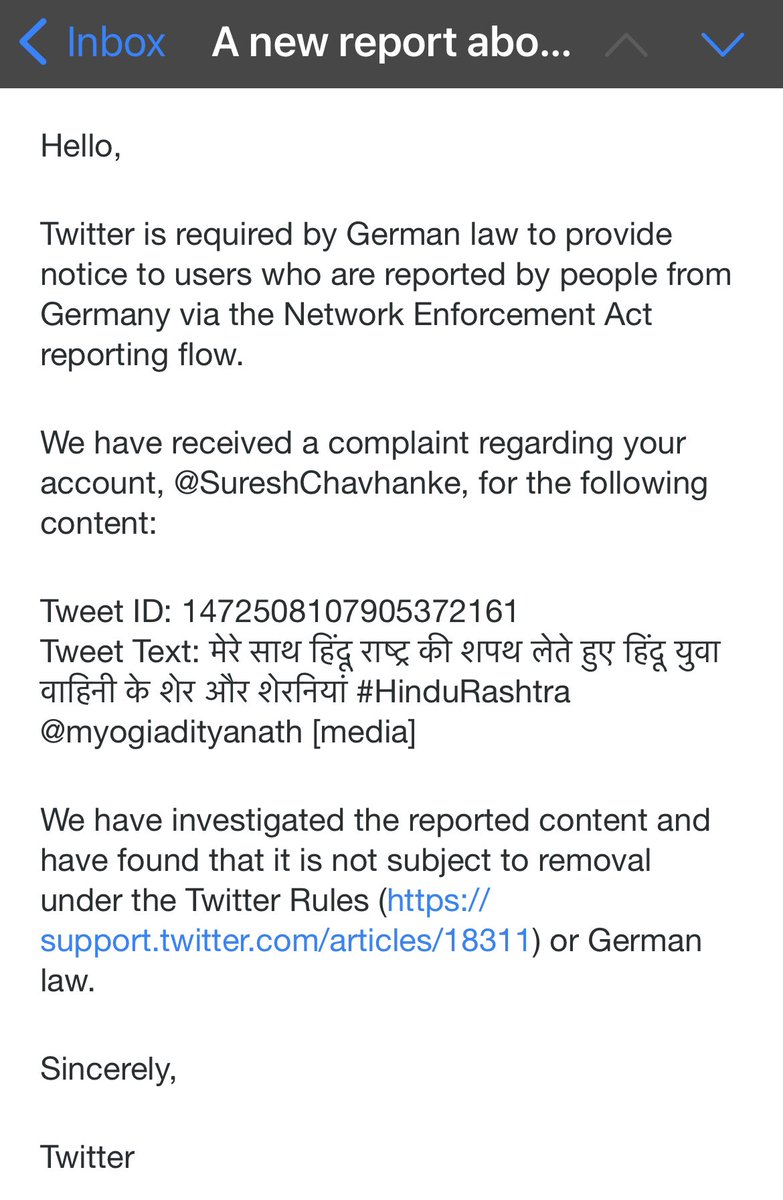 SureshChavhanke's tweet photo. हिंदू विरोधियों के लिए बुरी खबर-

ट्विटर ने #हिंदुराष्ट्र_की_शपथ के वीडियो पोस्ट को गलत नहीं माना और मेरे हैंडल पर कार्रवाई करने से भी मना किया। #एक_ही_सपना_हिन्दुराष्ट्र #BindasBol 8pm https://t.co/gRCXs3sNwX