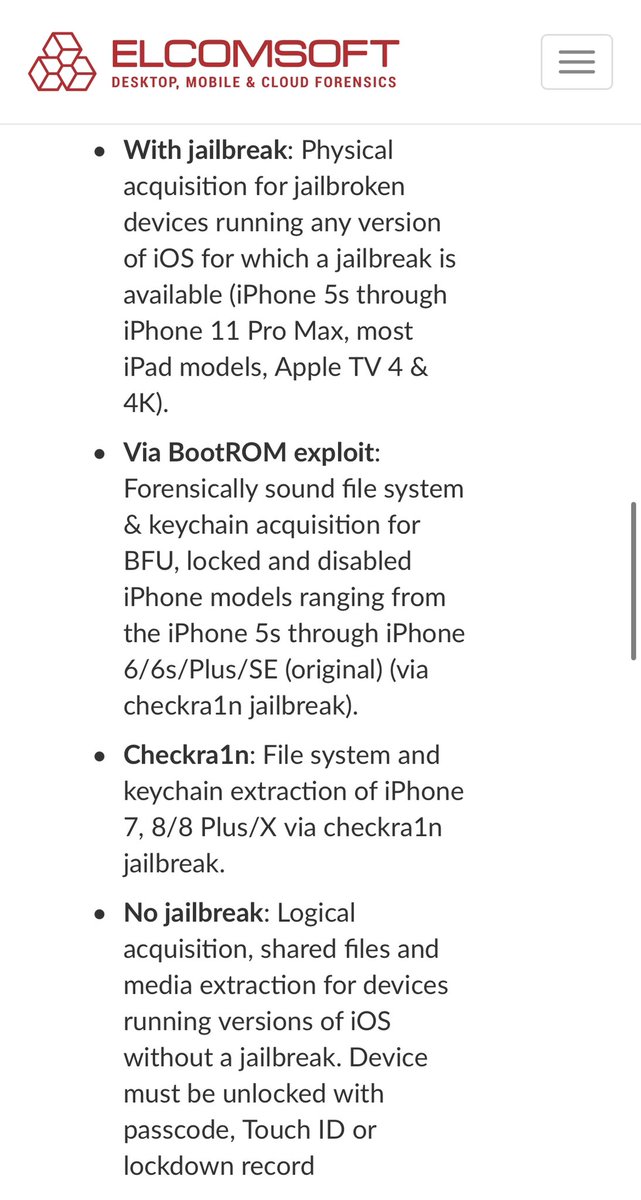 As a forensics person but also a privacy advocate, there are two little voices in my head arguing incessantly:
“Hey, this is an interesting and clever commercial forensics tool!” and also “upgrade your iPhone, update your iOS, put a strong pin on it!!”