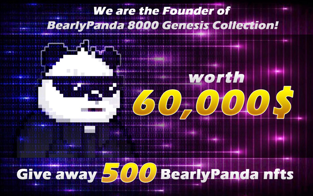 1.follow us☑️
2 .like and retweet the pinned post with the hashtag #BearlyPanda&amp;Tag your three friends!!☑️
Join our Discord:discord.gg/34gNnZHB
Joining bonus：300 randomNFTs🎁
Referral bonus：200 rareNFTs🎉
Distribution date: January 11th,2022⏰
#NFTCommunity #NFTGiveaway