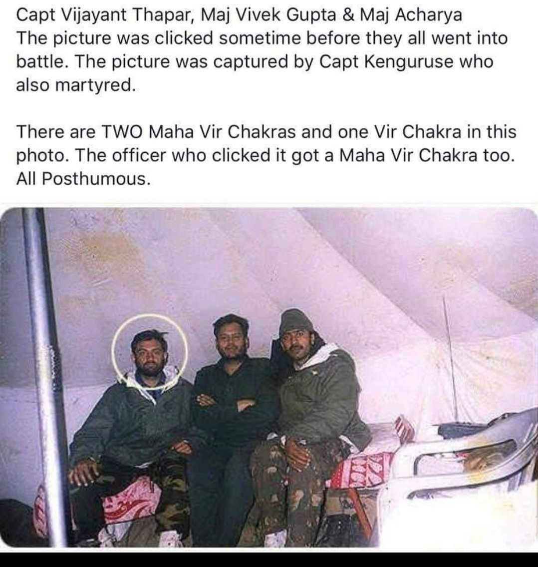 A rare photo, 2 MVCs &amp; a VrC, clicked by Capt Kenguruse MVC ( P) of Capt Vijayant Thapar, Majs Vivek Gupta &amp; Acharya, just prior to their going to battle in the Kargil war(Tololing). THE REAL HEROES, WH0 MADE THE IMPOSSIBLE POSSIBLE, MAKING THE SUPREME SACRIFICE. SALUTE <a href="/adgpi/">ADG PI - INDIAN ARMY</a>