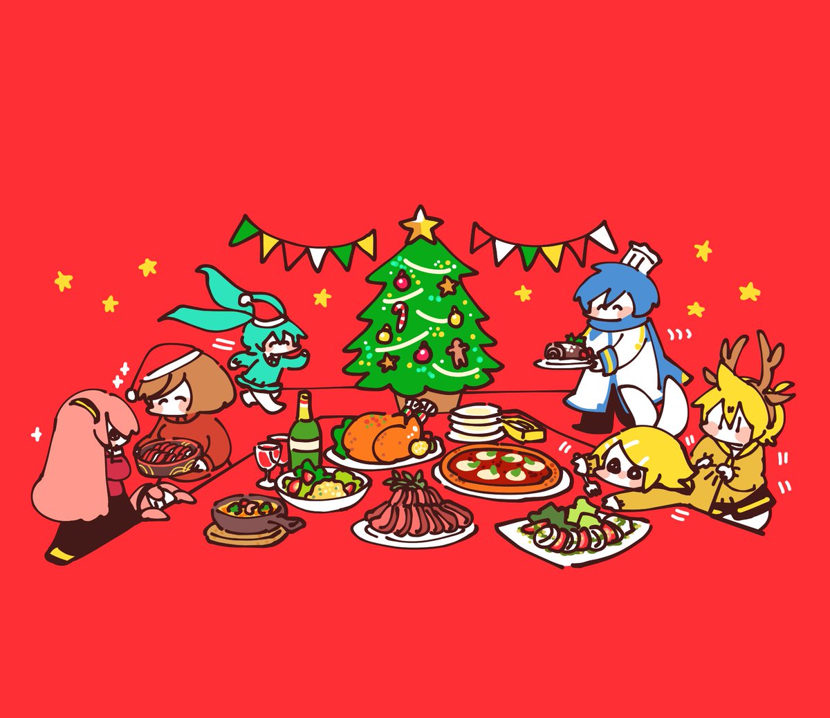 hatsune miku ,kagamine len ,kagamine rin ,kaito (vocaloid) ,megurine luka ,meiko (vocaloid) food multiple boys multiple girls christmas tree hat pink hair 4girls  illustration images