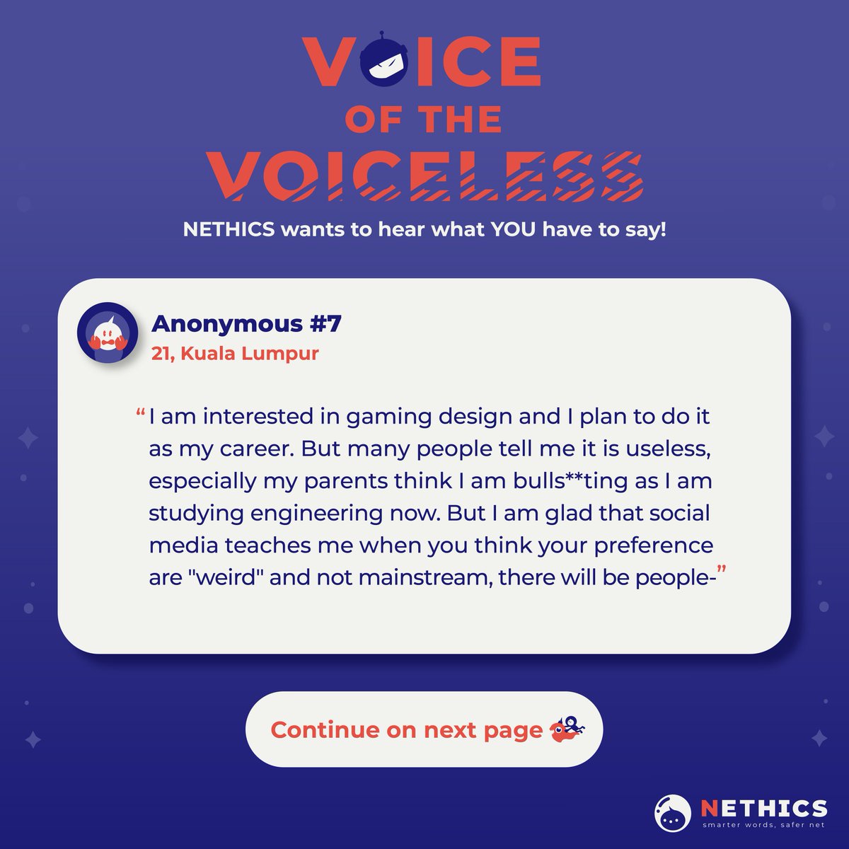 NETHICSUSM's tweet photo. Voice of the Voiceless aims to provide insight to a problem in the heart of cyberspace. We hope everyone will benefit from the collective wisdom of our netizens.
Thank you for your confidence in NETHICS! https://t.co/o2RQtnnJHP
#NETHICS #NEThink #BeNETHICS #SmarterWordsSaferNet https://t.co/tfI8nTIjdb