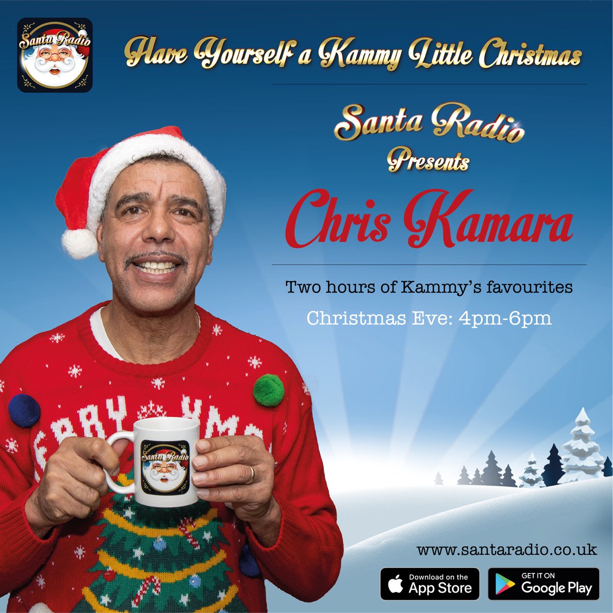 WeAreSantaRadio's tweet photo. So excited to welcome back Kammy Chris Kamara today at 4pm on Santa Radio.
2 hours of @chris_kammy festive favourites and as sprinkle of his own too.
HO HO HO!!!
#christmasmusic #ChristmasEve #santaradio https://t.co/PWNvzmu6X6