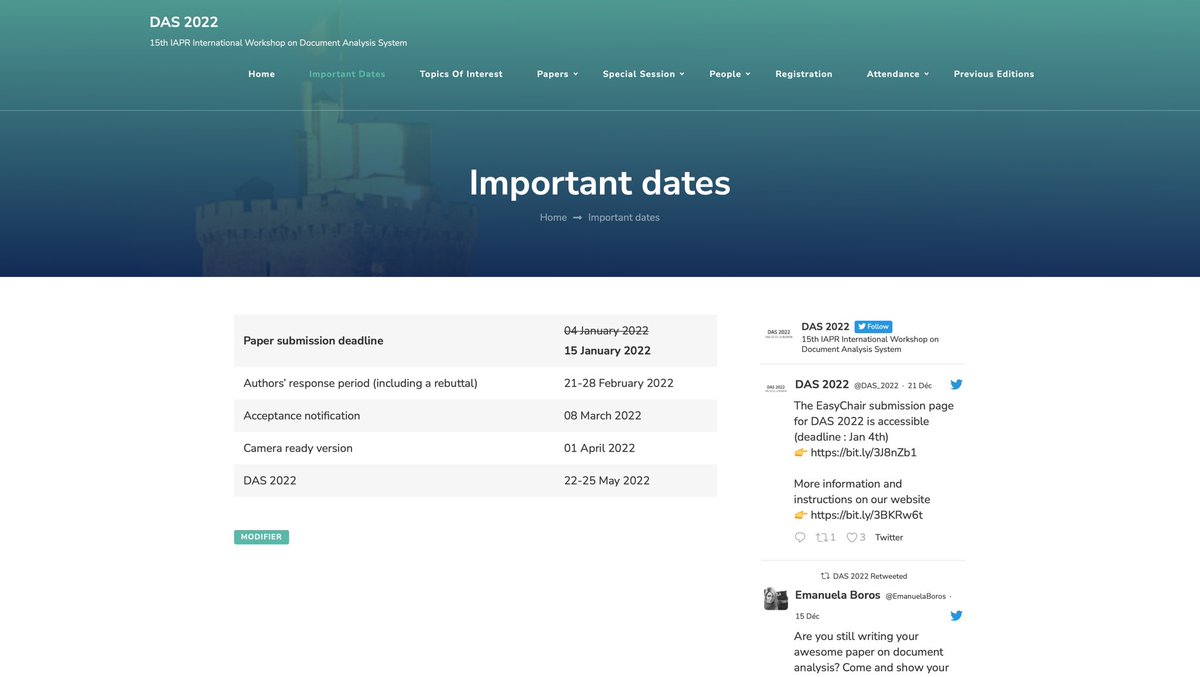 The paper submission deadline for DAS2022 (15TH IAPR INTERNATIONAL WORKSHOP ON DOCUMENT ANALYSIS SYSTEMS) has been extended to 15 Jan 2022. Please retweet to help us disseminate this information. For more information please visit the website das2022.univ-lr.fr