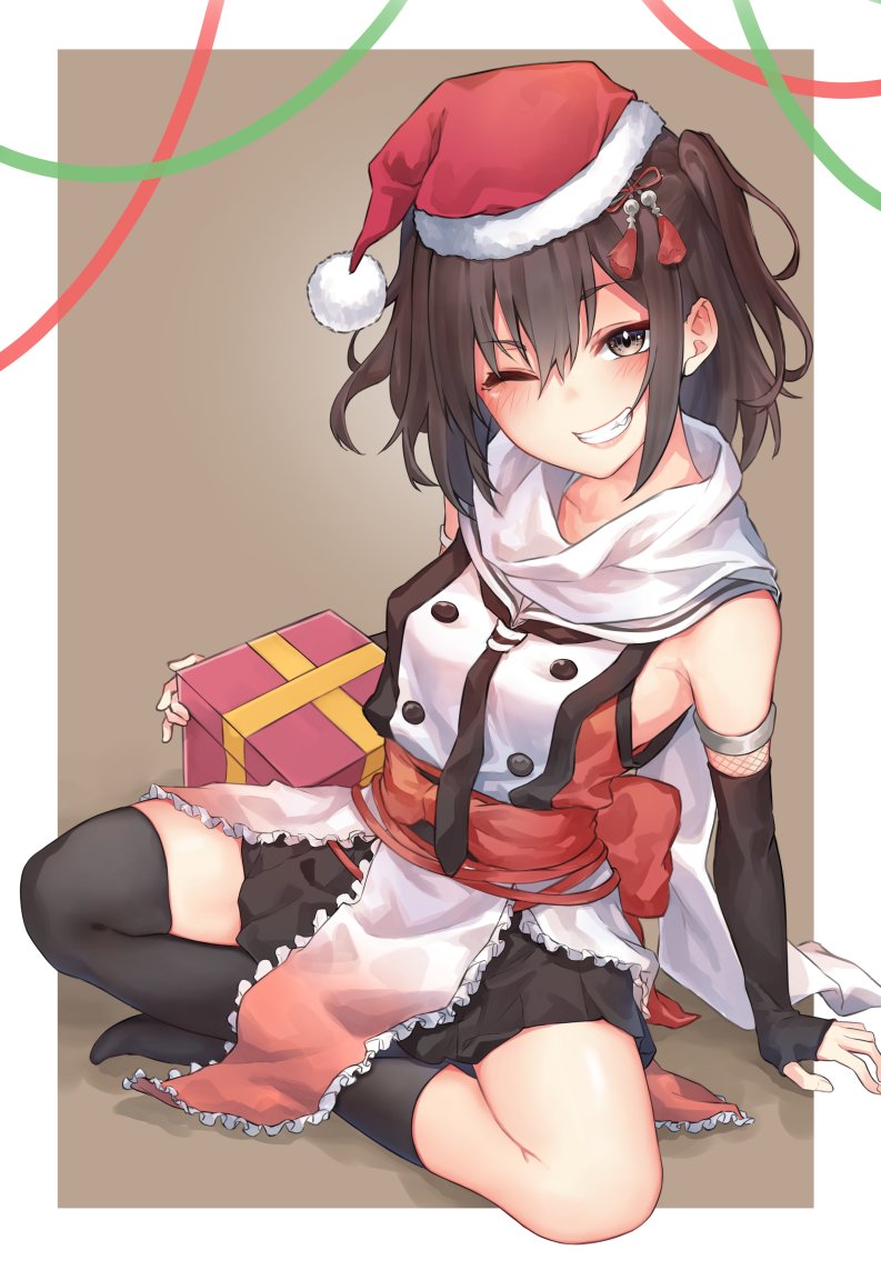 sendai (kancolle) ,sendai kai ni (kancolle) 1girl santa hat solo hat one eye closed gloves scarf  illustration images