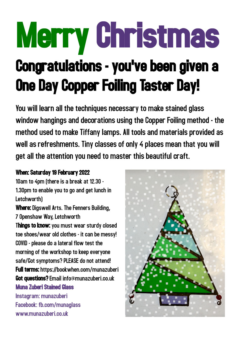 MunaZuberi's tweet photo. Need a #lastminutegift? Book a One Day Copper Foiling Taster Day and you receive this voucher to print at home https://t.co/FAB6vzX1m4 #printablevoucher #experiencegift #stainedglasscourse #giftcard #giftidea #lastminutegifts #christmasgift #onlinegift #emailgift #vouchergift https://t.co/oYPQ9DvJ53