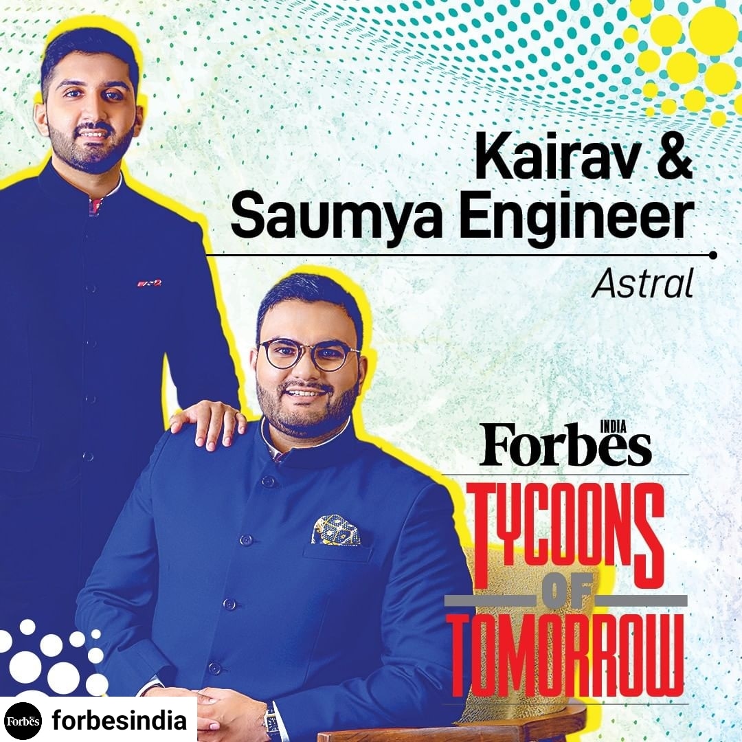 AstralPipes's tweet photo. Our young entrepreneurs, Kairav Engineer and Saumya Engineer are featured at the @ForbesIndia as the #TycoonsOfTomorrow for paving a new path to Astral's future by taking the business in new directions.
#Astral #AstralPipes #AstralAdhesives #AstralGroup #Leadership https://t.co/mkzN9Sonz7