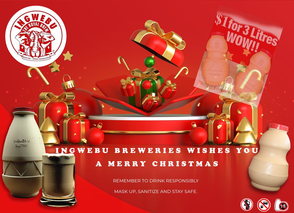 Ingwebu Breweries ZW (@ingwebuzw) on Twitter photo Ingwebu Breweries wishes you all a safe and blessed Merry Christmas.🎄🎄🎄
Remember to drink responsible.
#Christmas
#theroyabrew
#atasteofroyalty
Visit our Website ingwebuzw.co.zw
<a href="/SkyzMetroFM/">Skyz Metro FM</a> Ingwebu Breweries wishes you all a safe and blessed Merry Christmas.🎄🎄🎄
Remember to drink responsible.
#Christmas
#theroyabrew
#atasteofroyalty
Visit our Website ingwebuzw.co.zw
<a href="/SkyzMetroFM/">Skyz Metro FM</a>