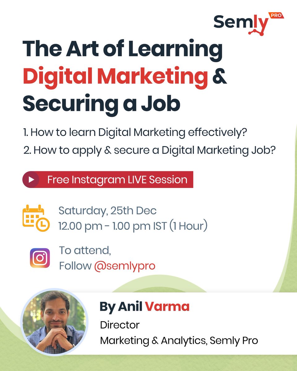 SemlyPro's tweet photo. How to learn #DigitalMarketing effectively?

How to apply and secure a #DigitalMarketingJob?

💡Attend our Instagram Live Session by Anil Varma. Follow our Instagram page to attend it - Follow our Instagram page to attend the LIVE Session: https://t.co/w7JCxf6oQz

.
.
#marketing https://t.co/N2o1L6XRS9