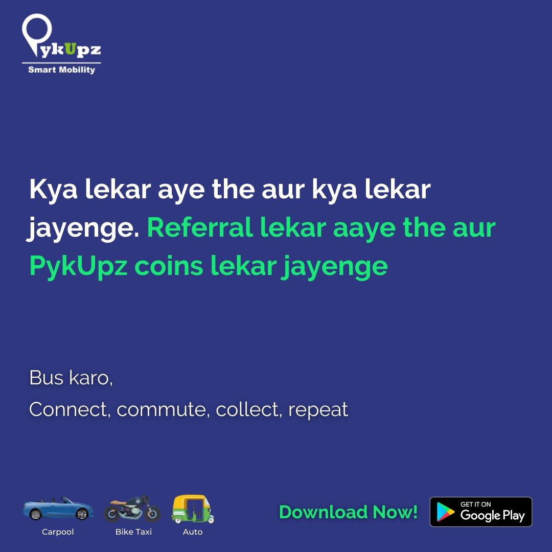 pykupz's tweet photo. Yaad karlo yeh mantra
Connect, commute, collect, repeat

Download the App from: https://t.co/phwFVPLFNK

To learn more about PykUpz Coins, talk to us: https://t.co/nMcnBgyssc

#earn #refer #reward #cash #shareride #bikepool #carpool #pykupz https://t.co/QfN27iUKih