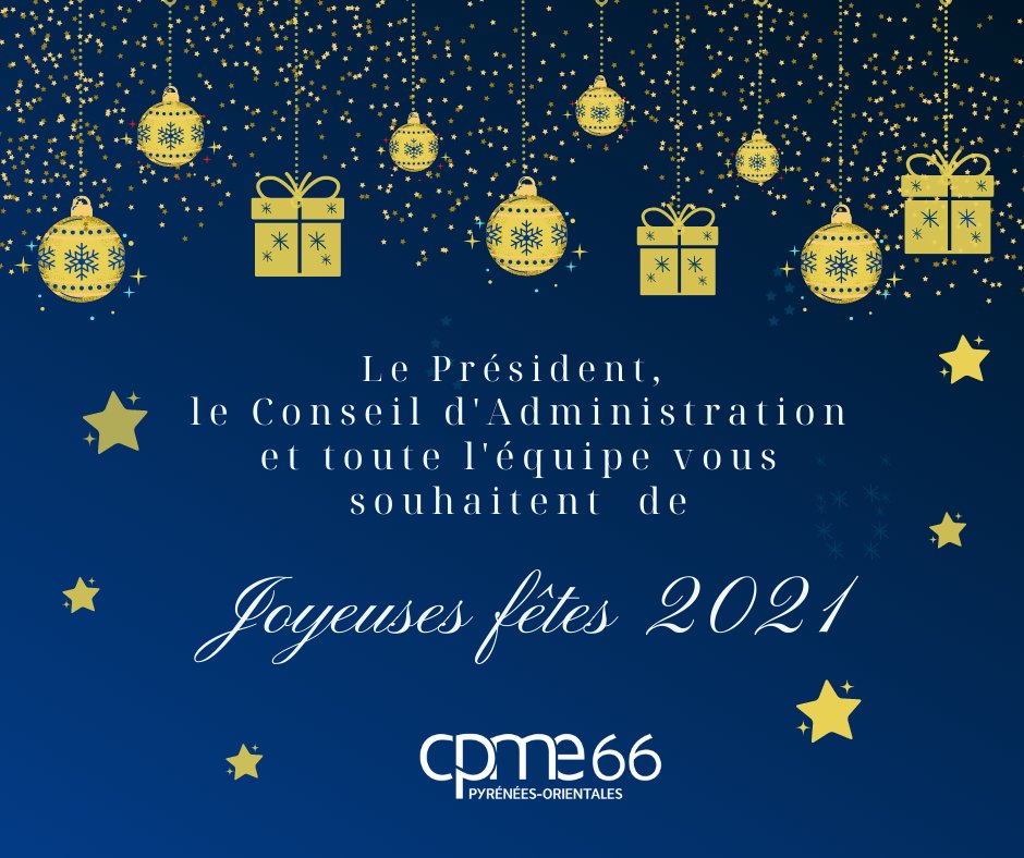 Nous vous souhaitons à tous de joyeuses fêtes de fin d'année.
Les bureaux de la CPME66 seront fermés du 24.12.21 à midi au 02.01.22 inclus.
Nous avons hâte de vous retrouver à partir du 3 janvier 2022.