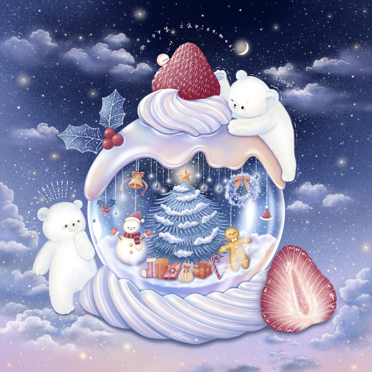 「聖夜のスノードームケーキ🎄🍰🍓🐻‍❄️
#Christmas #イラスト」|moruのイラスト