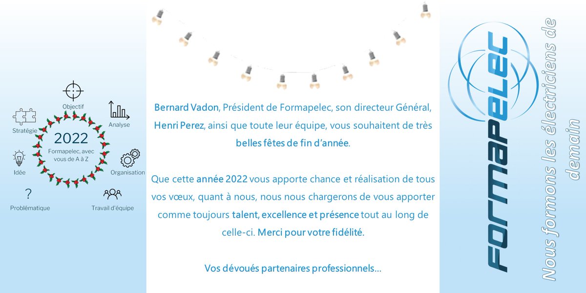 Toute l'équipe de Formapelec, son président Bernard VADON et son directeur général Henri PEREZ vous souhaitent de joyeuses fêtes de fin d'année !

#JOYEUXNOEL #BonneAnnee