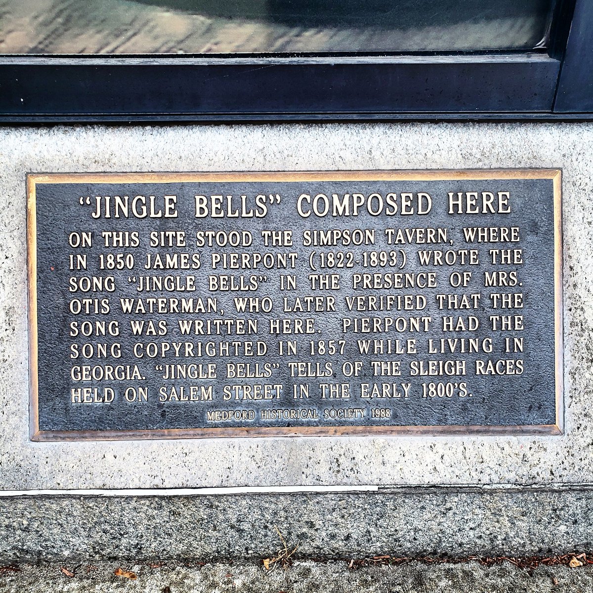 OnlyInBOS's tweet photo. Even though the song has not been confirmed as to where it was originally composed, at 19 High Street in Medford, a plaque commemorates the spot where James Pierpont wrote Jingle Bells, inspired by sleigh races on Salem Street while sitting inside Simpson Tavern in 1850.

♥ https://t.co/M3IoChpdrp