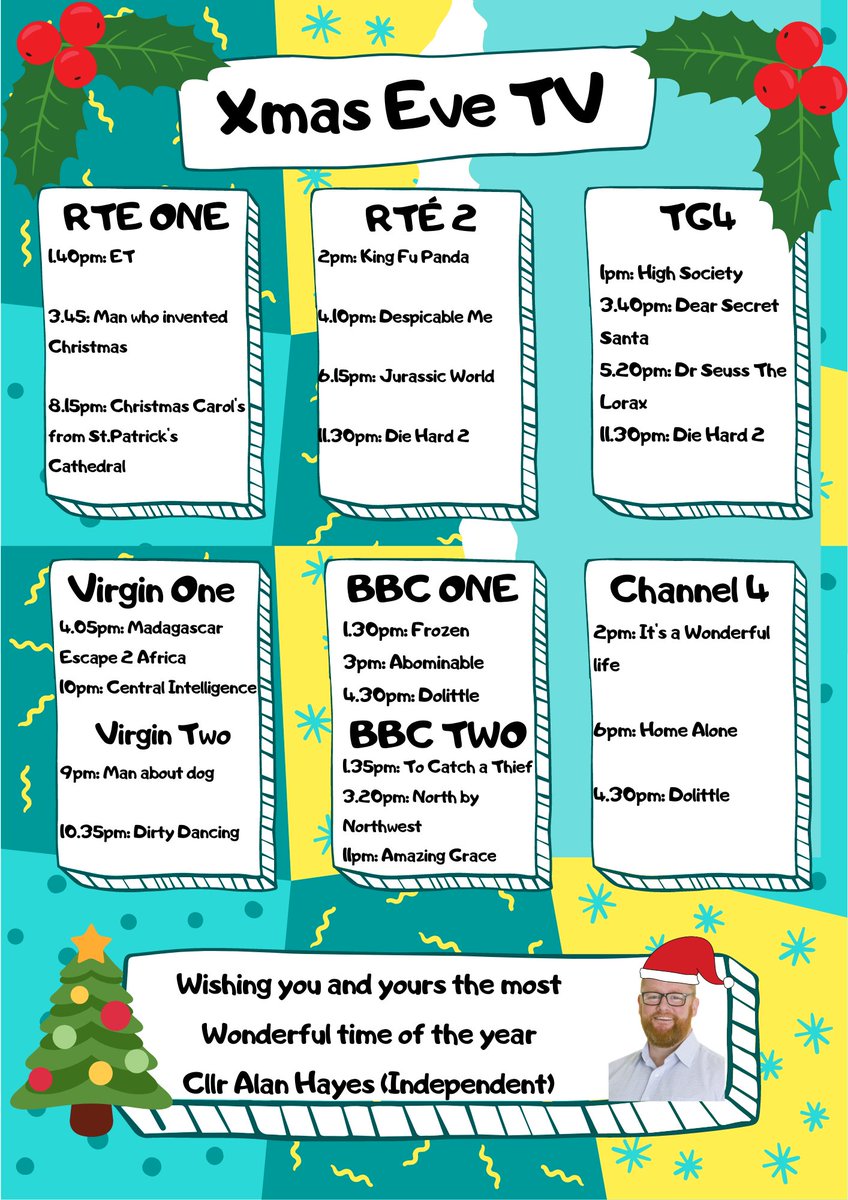 AlanHayesDublin's tweet photo. ๐ TV planning for the days ahead
๐บChristmas Eve Movies
๐ค Hope you find something you like ๐ค
#Palmerstown #Lucan #NorthClondalkin #PalmerstownFonthill
#HardWorkingHayes https://t.co/J95Nowwg1b