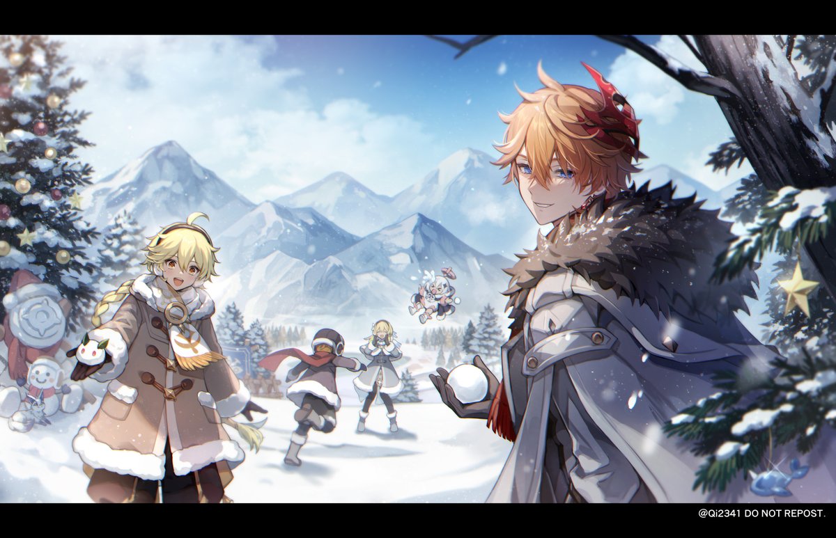 aether (genshin impact) ,lumine (genshin impact) ,paimon (genshin impact) ,tartaglia (genshin impact) snowball multiple boys tree outdoors snow bangs snowman  illustration images