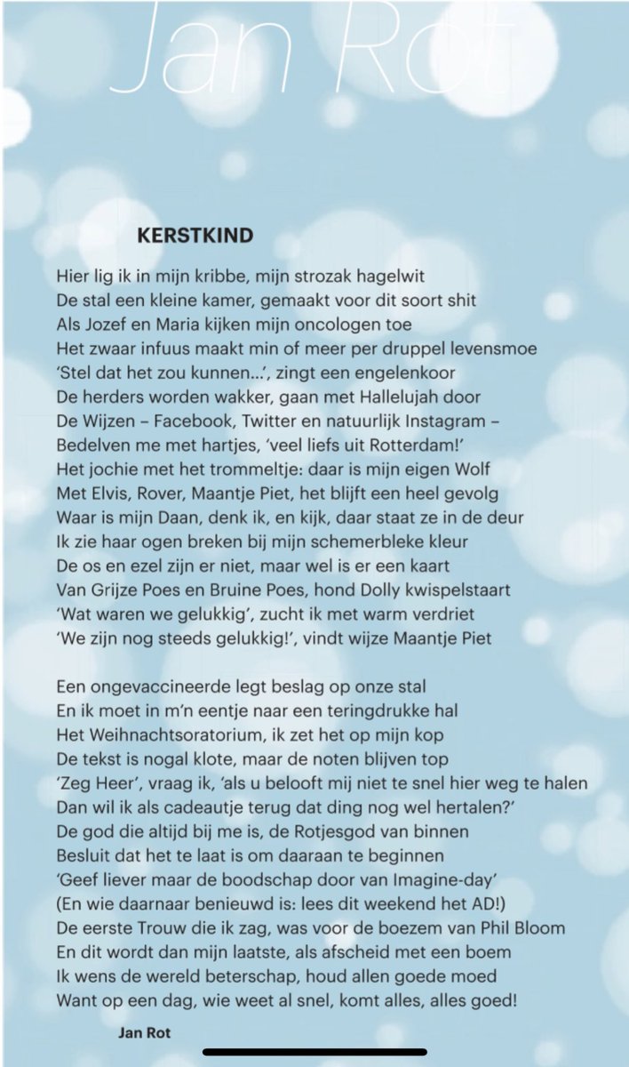 Wat een mooi gedicht van <a href="/janrot/">Jan Rot</a> op de voorpagina van <a href="/trouw/">Trouw</a> vandaag ❤️ 
‘Ik wens de wereld beterschap, houd allen goede moed. Want op een dag, wie weet al snel, komt alles, alles goed!’