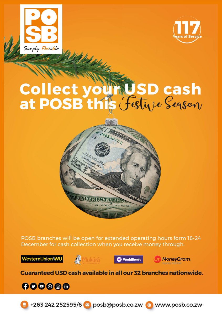 263Chat's tweet photo. Send your loved ones USD Christmas cheers via Western Union, Mukuru, Moneygram or World Remit and they can collect their USD cash at any of the 32 @POSBZimbabwe branches.
#SimplyPossible https://t.co/60MN17sfvD