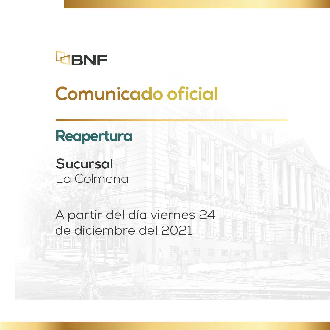 BNF_Py's tweet photo. Informamos a nuestros la reapertura de nuestra oficina en las siguiente localidad:
📍La Colmena (Prof. Antonio Ojeda e/ 14 de Mayo e Itapuá) https://t.co/tyZ5yEd0Sl