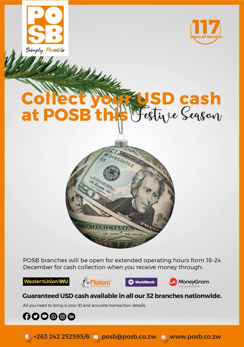 263Chat's tweet photo. Send your loved ones USD Christmas cheers via Western Union, Mukuru, Moneygram or World Remit and they can collect their USD cash at any of the 32 @POSBZimbabwe branches.
#SimplyPossible https://t.co/SNYrd4n50O