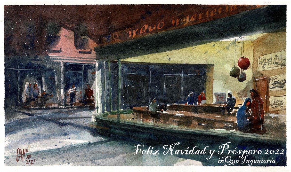 Este año Os queremos felicitar con una acuérela de nuestro compañero @cherico60 en la que hace su particular reinterpretacion del famoso cuadro Night haws de <a href="/edward/">Edward</a>.hopper ✨

#Inquo #cercadeti #energiarenovable #navidad #felicesfiestas #Ceuti#energiarenovable #felicesfiestas