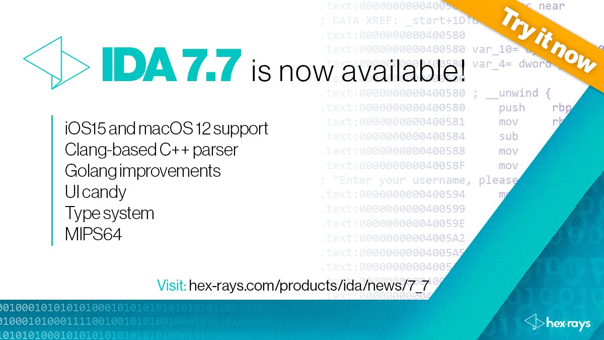 IDA 7.7 is now available! 
Check out all the details about its latest features and enhancements: hex-rays.com/products/ida/n…

#IDAPro #NewRelease #HexRays