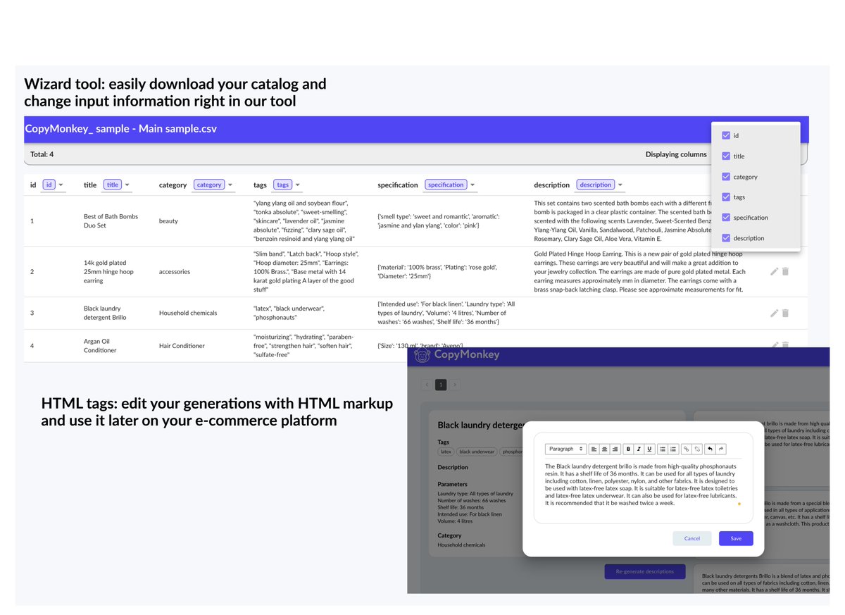 CopyMonkeyAI's tweet image. We&apos;ve updated our product with 2 amazing tools that will make your work on descriptions much and much easier. 
Try now and never struggle with product descriptions ever again: bit.ly/3Eo20cz
Happy Xmas everyone! Wish you all the best🎄
#ecommerce #AI #productdescriptions