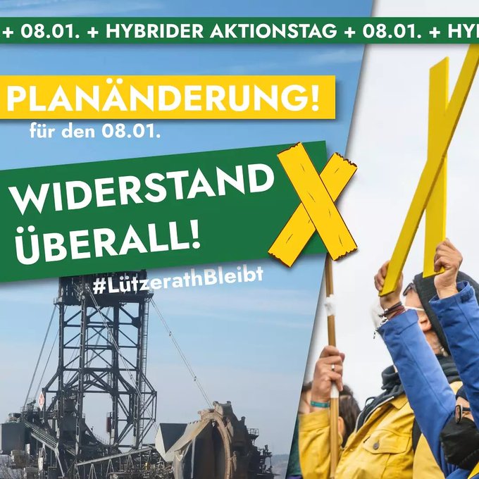 Sharpic mit gelben Kreuzen. Text: Planänderung! Für den 08.0. widerstand überall! #LützerathBleibt