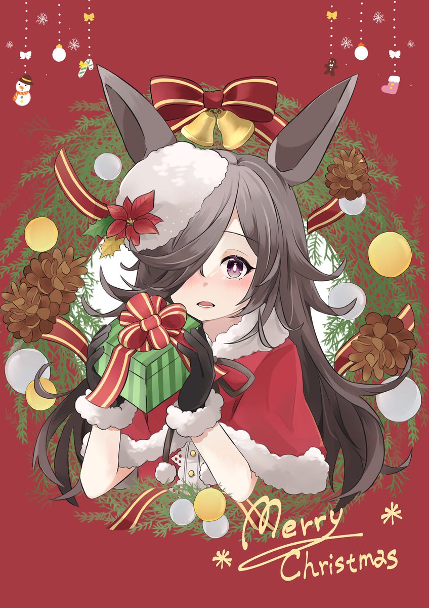 rice shower (umamusume) 1girl animal ears solo gift holding gift hat christmas  illustration images