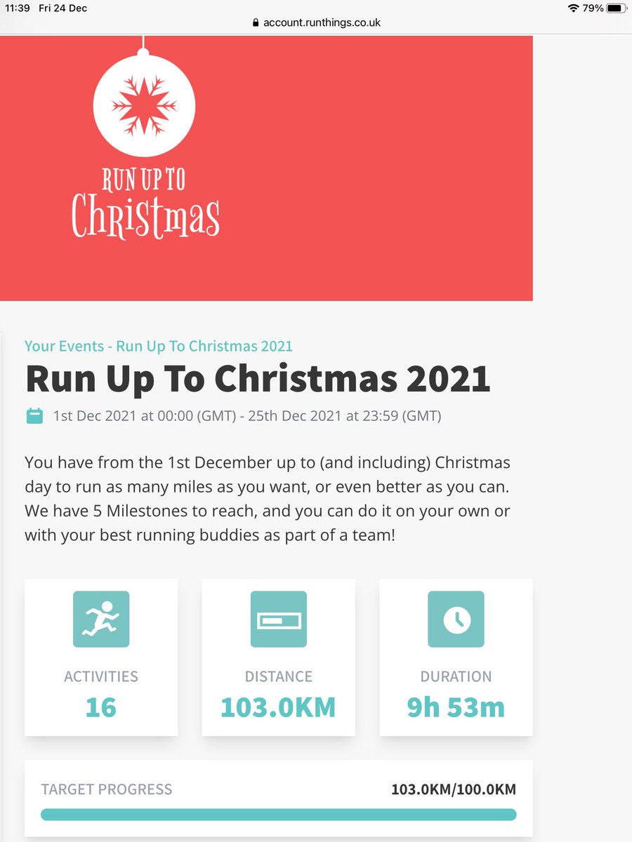 NickyJ1407's tweet photo. So pleased with myself…… 100k target for @runup2christmas completed on 22 Dec with a cheeky Brucey Bonus 3k added today on Christmas Eve. Can’t wait for my medal! Thank you K&amp;C for organising this event. It keeps me running in December! 🏃‍♀️🤶🏻🎄 https://t.co/hiAAzjvVL1
