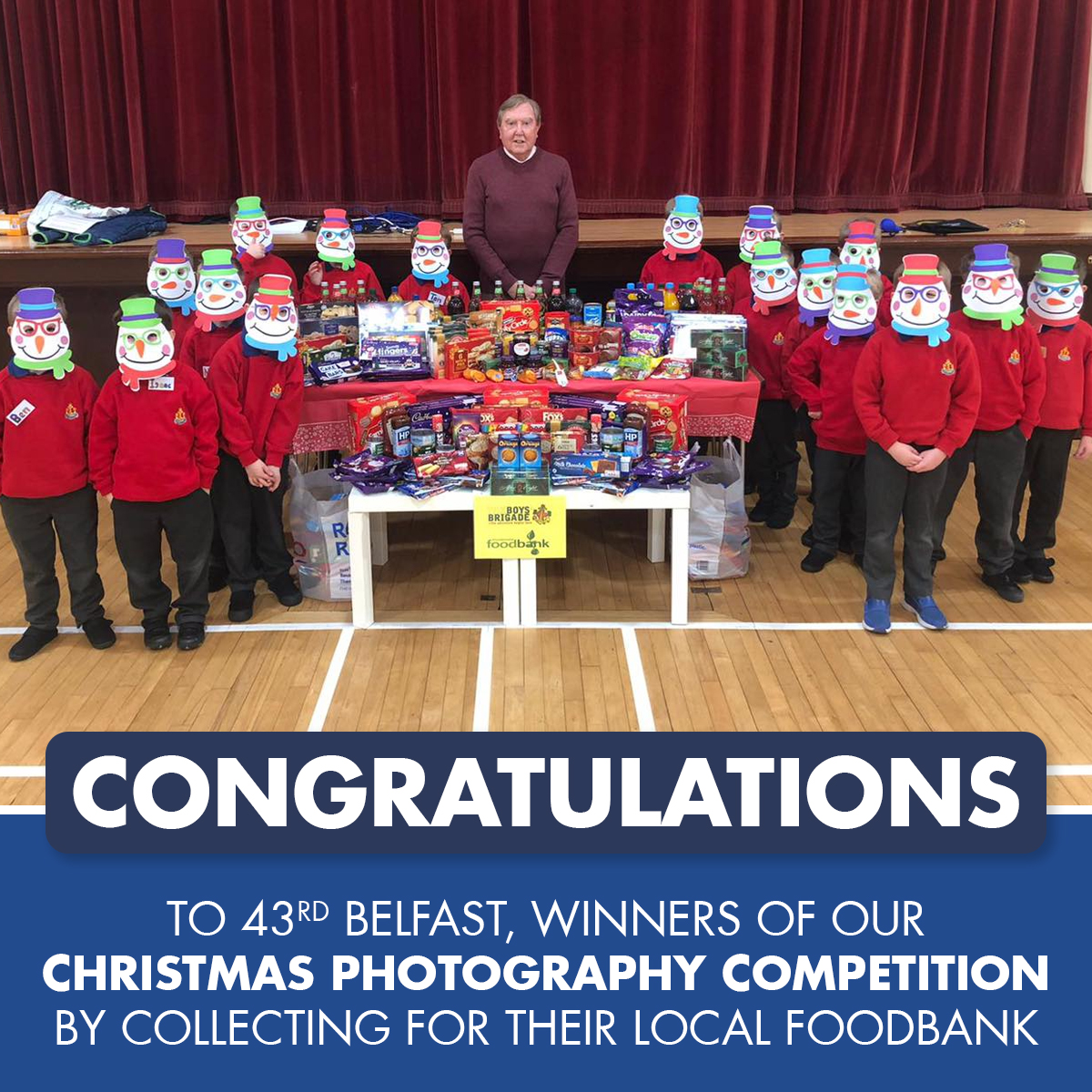 Congratulations to <a href="/43rdBelfastBB/">43rd Belfast BB</a>, winners of our Christmas Photography Competition with their collection for their local foodbank 👏 and remembering "safety first" with some Christmas-themed face masks 😆 Read more at boys-brigade.org.uk/programme-news… #BoysBrigade #BBChristmas21