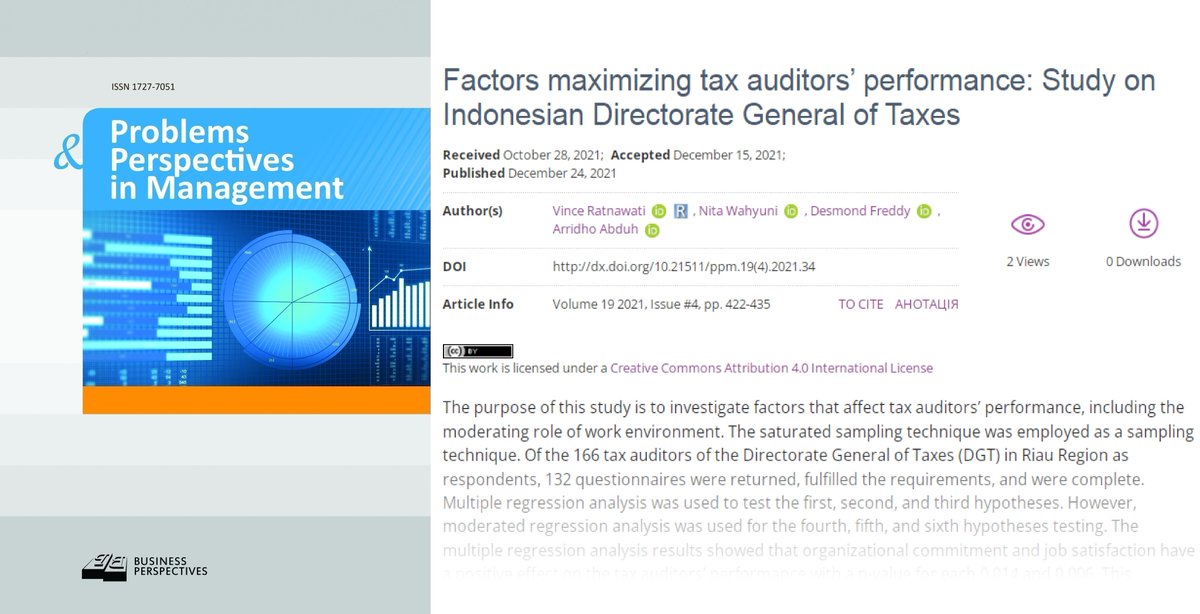 PPM_Journal's tweet image. 🖇️ dx.doi.org/10.21511/ppm.1…
☑️ Factors maximizing tax auditors’ performance: Study on Indonesian Directorate General of Taxes
👥 Vince Ratnawati, Nita Wahyuni, Desmond Freddy, Arridho Abduh
#jobstress #organizationalcommitment #performance #satisfaction #workenvironment