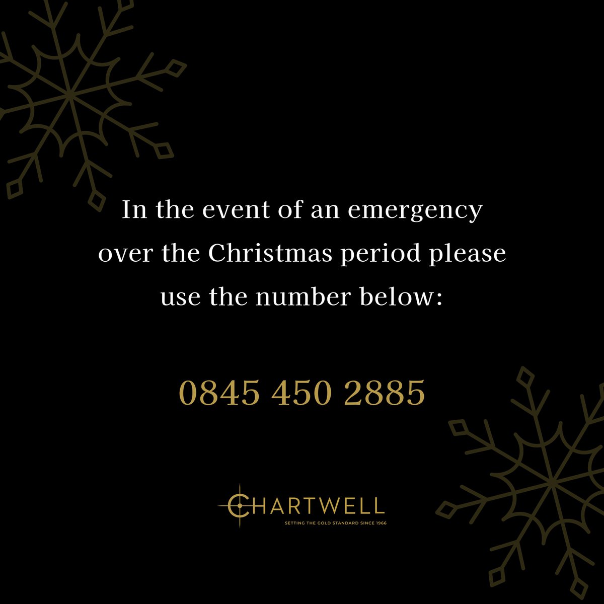 _Chartwell's tweet photo. We're now closed for the festive period. In the event of an emergency over the Christmas period please use the number below:
0845 450 2885

We hope you have a wonderful festive break - The Chartwell Team 🎄 https://t.co/uR0Mkl8ntF