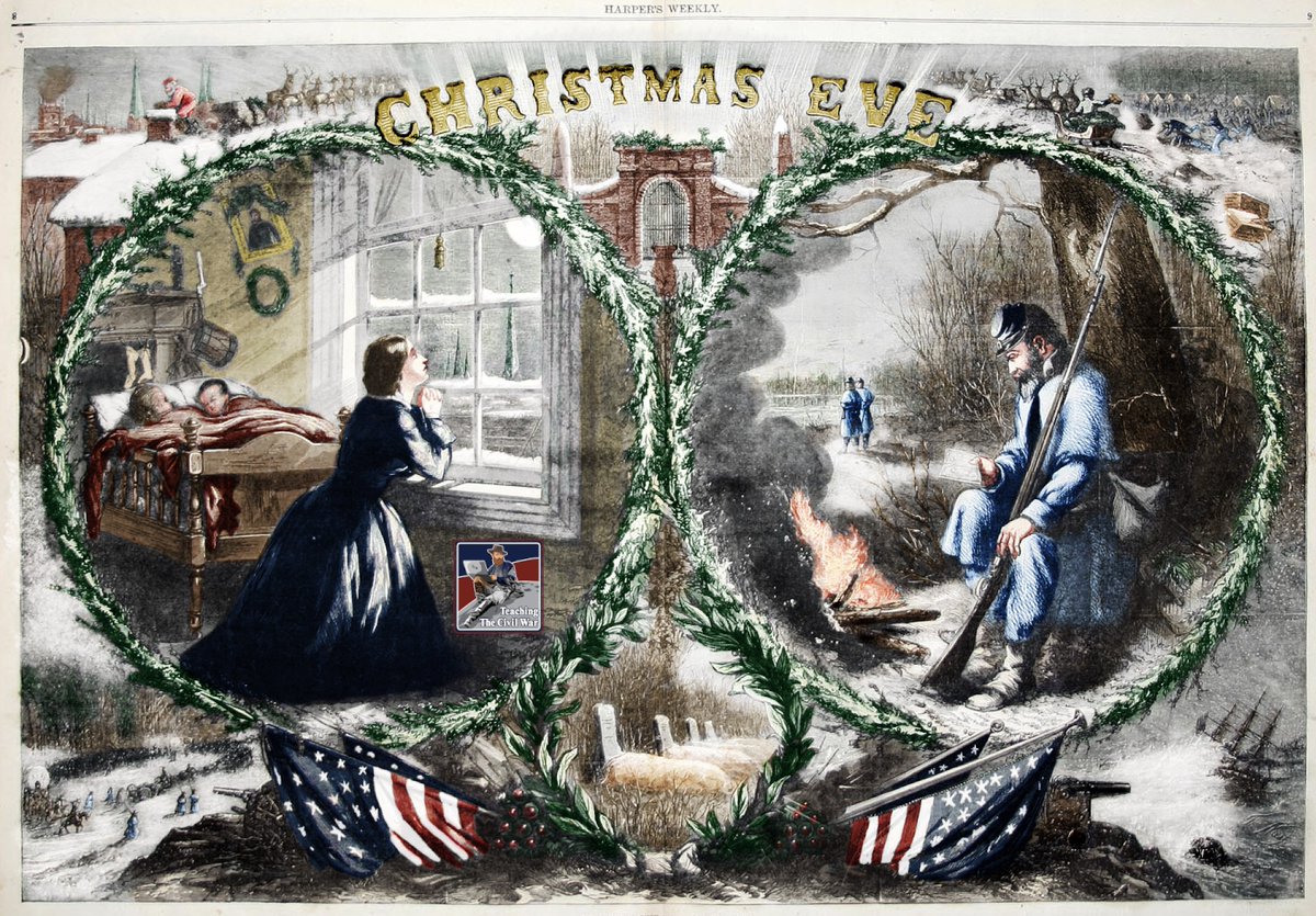fifer1863's tweet photo. Resharing my colorization of  Thomas Nast's "Christmas Eve" Originally published in Harper's Weekly on Jan 3, 1863, it shows a wife and her soldier husband separated on Christmas.  So many hidden details in the image.  It was so much fun doing this one. #sschat #teachcivilwar https://t.co/yMy6NNt2Rx