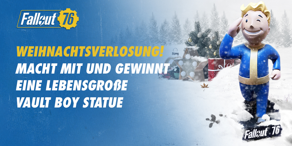 Wir wünschen euch frohe Festtage 🎄 🎁 
Als besonderes Geschenk haben wir eine tolle Verlosung für euch! Ihr könnt einen lebensgroßen Vault Boy für euer Zuhause gewinnen. 💙 💛 
Follow + RT bis zum 03.01., um am Gewinnspiel teilzunehmen.
beth.games/3H2qFVR