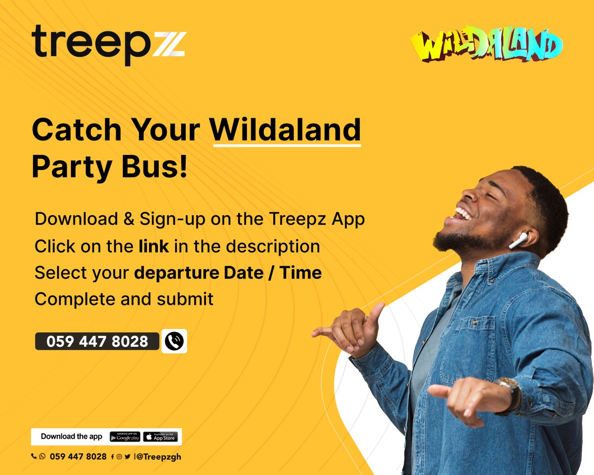 treepzgh's tweet photo. Treepz goes wild!

Click https://t.co/RX49GLvDdR to secure your seat(s) in @treepzgh party bus to @WildalandFest now for FREE! 🔥

Simply, Book Departure Date &amp; Time for the Wildaland Party Bus.

#movebetter with #treepz #yenkonkoaa #Klasikmove #WildalandFestival

Let’s go! 🚍 https://t.co/DfF8WUfAew