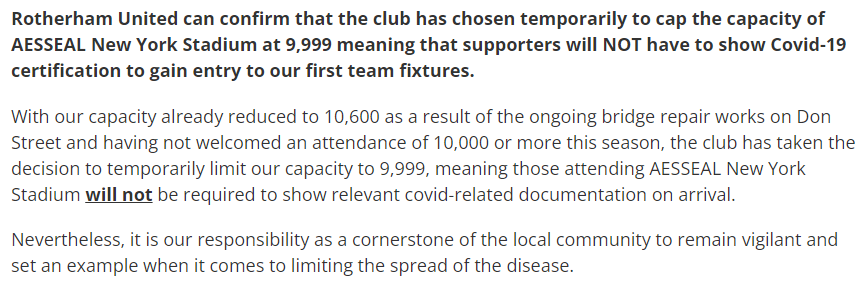 RotherhamUnited's tweet photo. READ | Covid certification not required for upcoming home games as Millers cap AESSEAL New York Stadium capacity at 9,999

Full information - including an updated Supporters' Code of Conduct - can be found, here. ⬇️

#rufc | #ForeverTogetherForeverProud

https://t.co/fA70MVZ4NR https://t.co/4XyJ9e5KbG