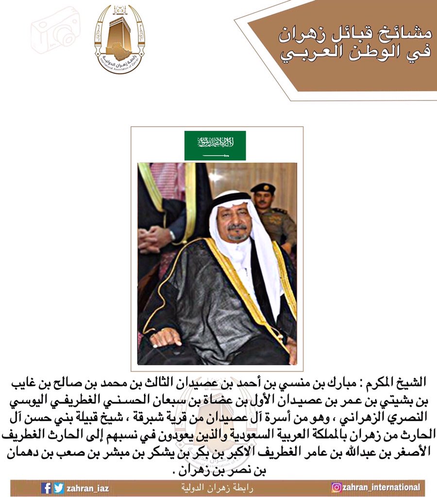 من مشائخ #زهران في #الوطن_العربي :

الشيخ المكرم: مبارك بن منسي بن أحمد بن عصيدان الثالث بن محمد بن صالح بن غايب بن بشيتي بن عـمر بن عصيدان الأول بن عضاة بن سبعان الحسني الغطريفي اليوسي النصري الزهراني من أسرة آل عصيدان من قرية شبرقة، شيخ قبيلة بني حسن من الغطاريف من نصر بن زهران
