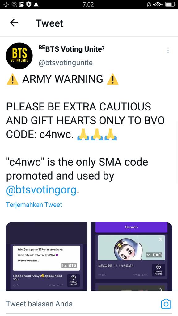 vampirejeonjk97's tweet photo. Wow?? Exol nyamar jadi bvo biar dikasih hearts sama army. Lmao. Sampek pake sgl cara buat dapet hearts dahal kmren nuduh kita nyolong strategi vote nya🥴Anw, ini juga jd reminder buat army kalau mau kasih hearts ke moots cek dulu dia real army or bukan, dan kode bvo cuma: c4nwc! https://t.co/ZXzW2t6U5G