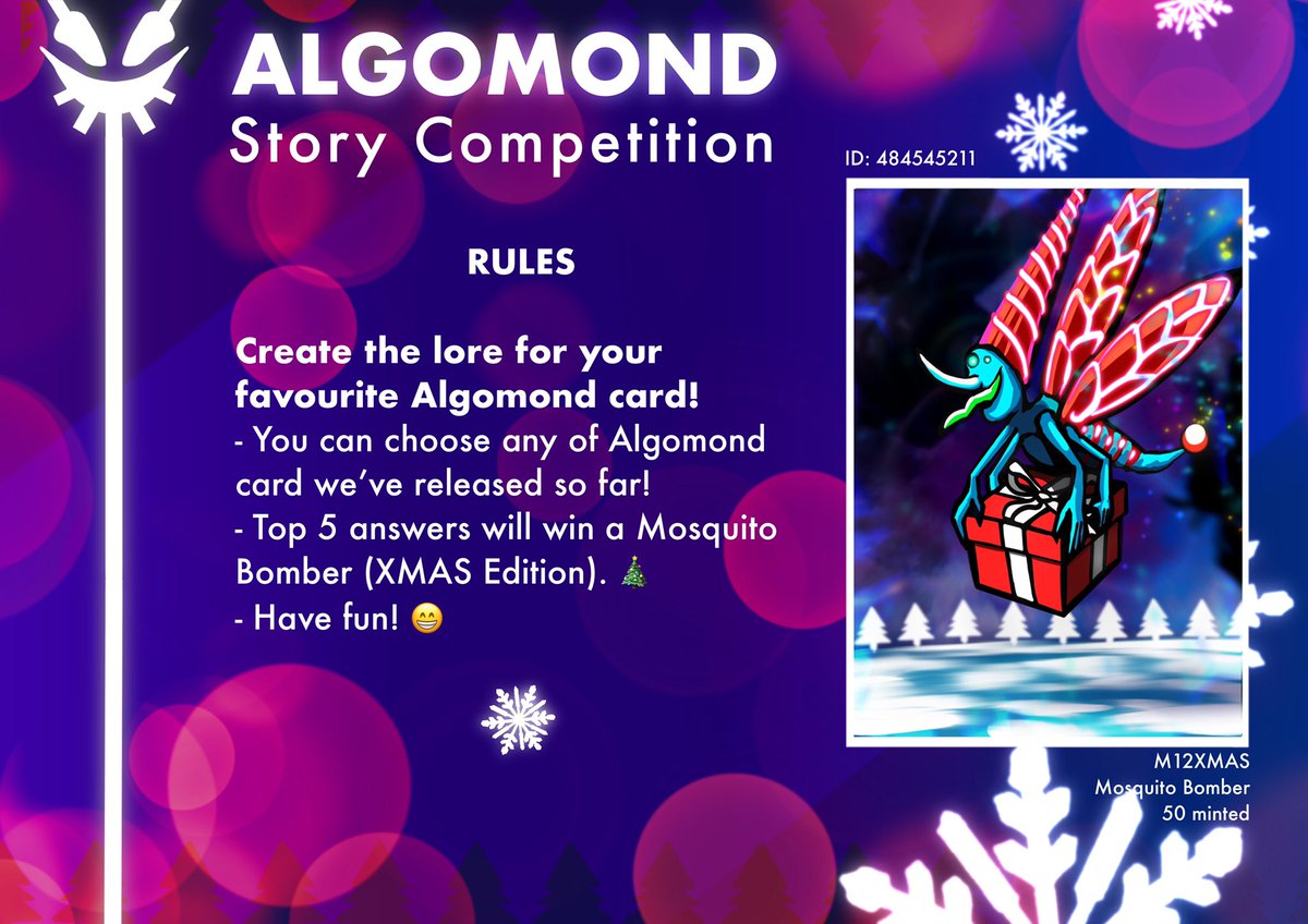 algomond's tweet image. 1/2 Missed the giveaway yesterday? Today is another shot for you to win an XMAS Mosquito Bomber! 🦟🎁
For this event you have to come up with and tweet the lore for your favourite Algomond card.
5 winners will be picked in 5 days 🥳
See cards in tweet below ⬇️ 

#Algorand  #ALGO