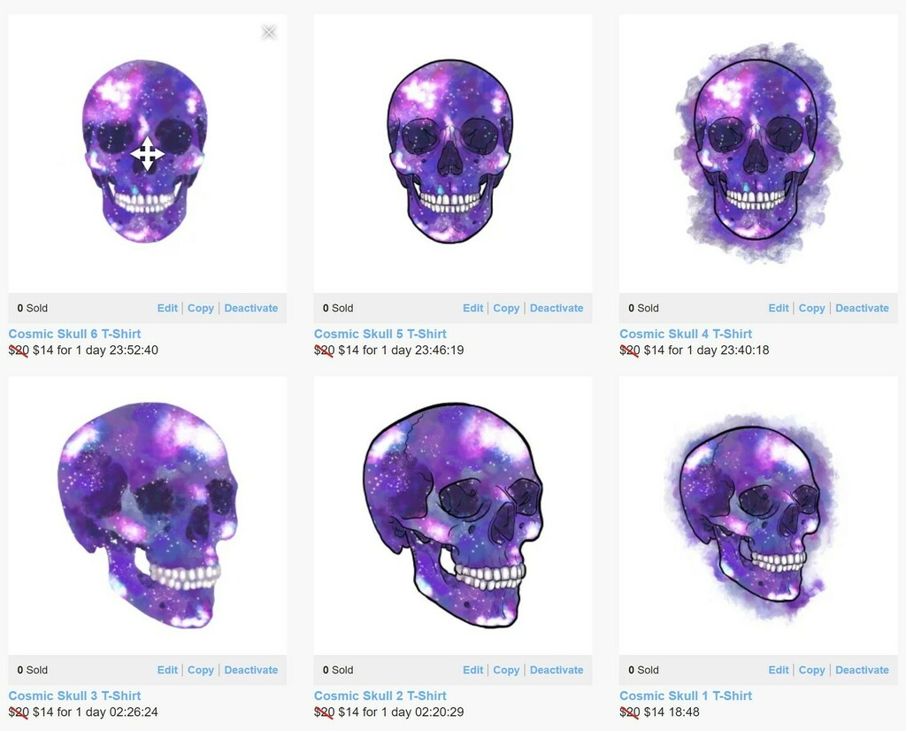 KarliMogen's tweet photo. I made some new galaxy skull designs for my #teepublic store! Turns out, every new design is discounted for 2 days upon posting it, so that's pretty neat. Anyways, if anyone is interested in having these designs on a T-shirt, art print, stickers, phone c… https://t.co/5AWeXSgs1N https://t.co/3pkPmVYmCi