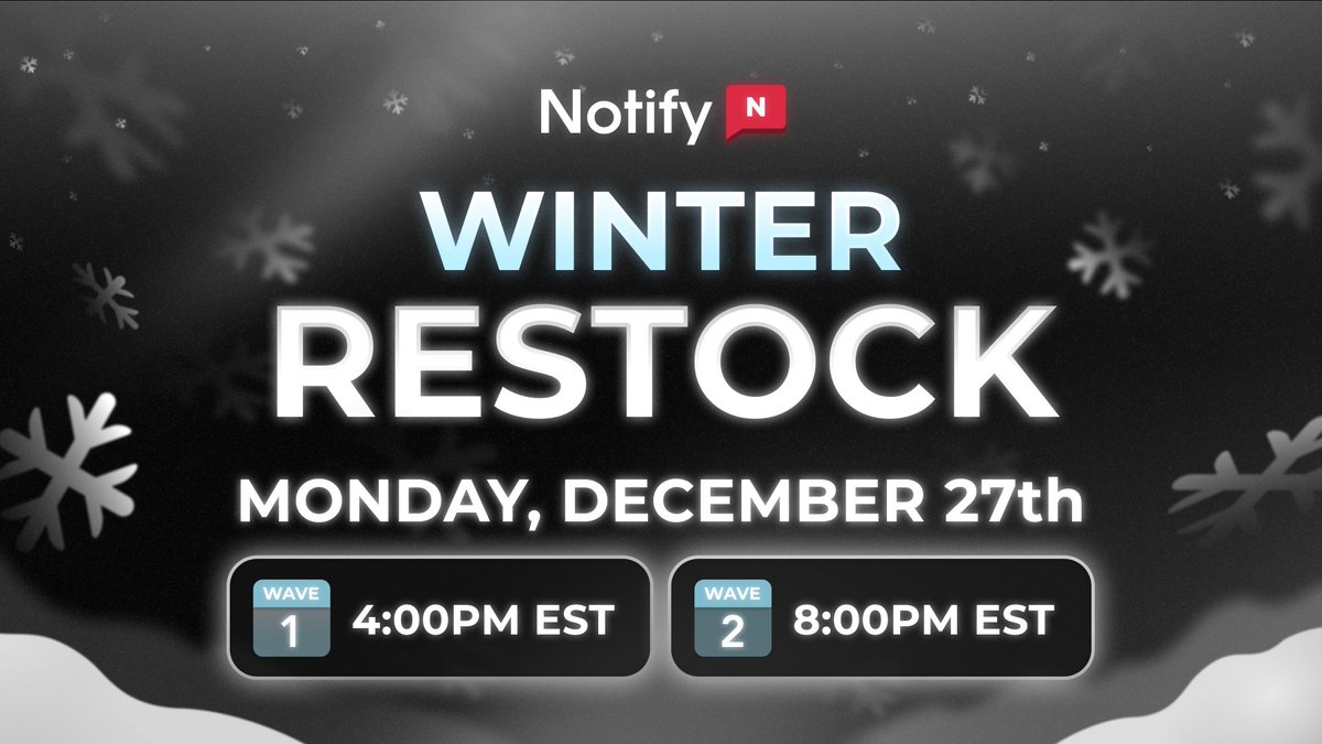 notify's tweet image. Notify is restocking on Monday 🚨

Memberships will be sold FCFS over two waves. See below for times.🔻

One random retweet will get a FREE membership. Good luck and happy holidays! 🎁