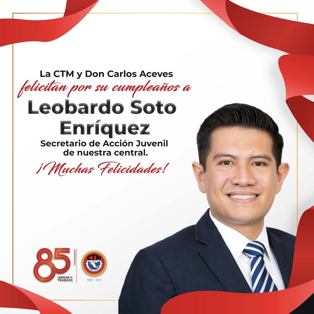 De parte de la familia cetemista y del Comité Nacional, felicitamos por su cumpleaños a <a href="/_LeoSoto/">Leo Soto Enríquez</a>, Secretario de Acción Juvenil de nuestra central. 

¡Deseamos que pase un excelente día en compañía de su familia, amigos y seres queridos!