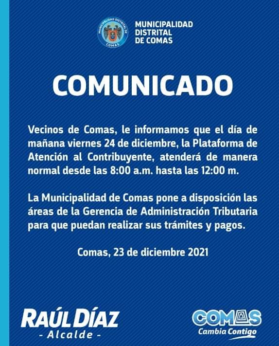 ¡Atención, vecinos! La municipalidad de Comas informa que este 24 de diciembre, la atención será hasta las 12:00 m.