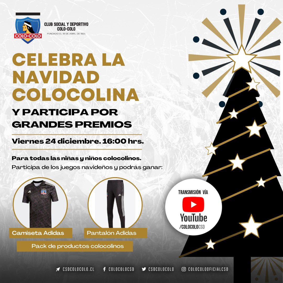 CSDColoColo's tweet photo. ¡Celebremos de Arica a Magallanes! 🏁

Participa de la gran "Navidad Colocolina" a las 16:00 hrs desde cualquier parte de Chile. Ven a entretenerte, jugar y ganar increíbles premios mientras esperamos la Noche Buena 

Suscríbete a nuestro canal de YouTube y no te quedes fuera! https://t.co/YhyswwvU0Y