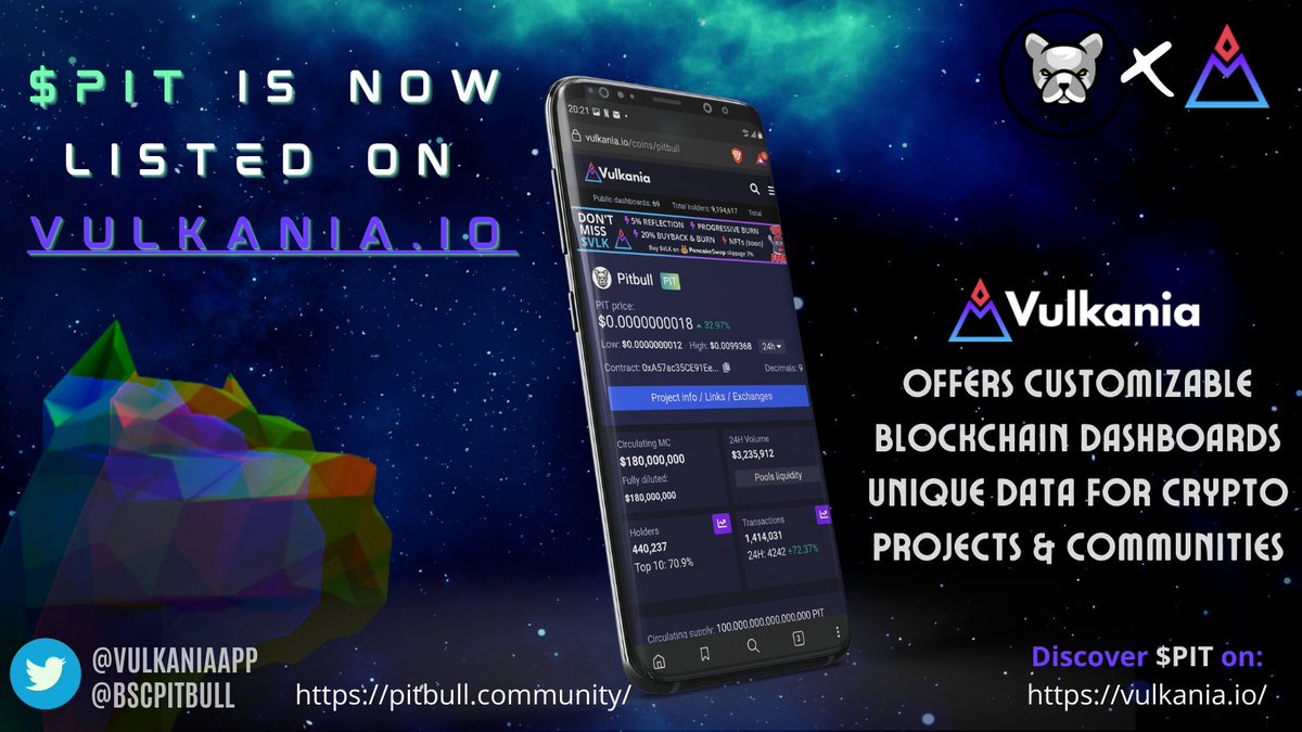 $PIT NEW LISTING Notice📢

#Pitbull is now listed on <a href="/VulkaniaApp/">Vulkania</a>, a platform providing in-depth data for #blockchains &amp; #cryptocurrencies! 

Organize &amp; Discover all about $PIT on one dashboard easily➡️ vulkania.io/coins/pitbull

Welcoming $VLK into Pitbull Ecosystem
#BSC #BNB #BTC