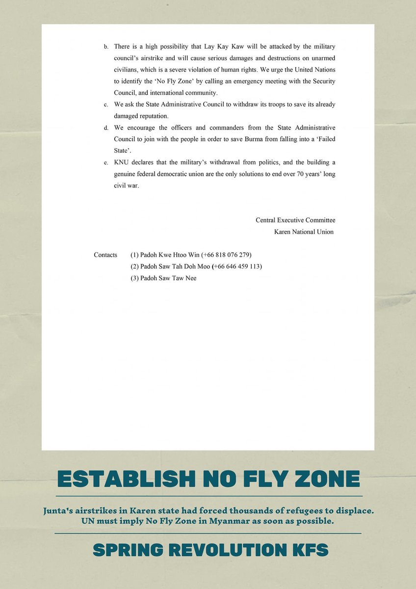 After Karen Nation Union <a href="/knuhq/">Karen National Union</a> had called <a href="/UN_HRC/">UN Human Rights Council</a> <a href="/UNGeneva/">United Nations Geneva</a> to imply #NoFlyZoneInMyanmar , Junta Terrorists are launching airstrikes since last night till to today evening in LayKayKaw region, Karen state. Thousands of refugees are fleeing to Thailand in the midnight of winter.