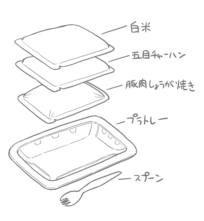 パック3つ、トレーは1つ。どういう順番で どう食えばいいのかね。とりあえず白米としょうが焼きをトレーで混ぜて、チャーハンは「ちゅーる」のように口直で食った 