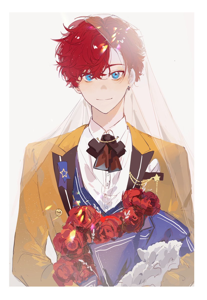 1boy male focus blue eyes red hair bouquet flower solo  illustration images